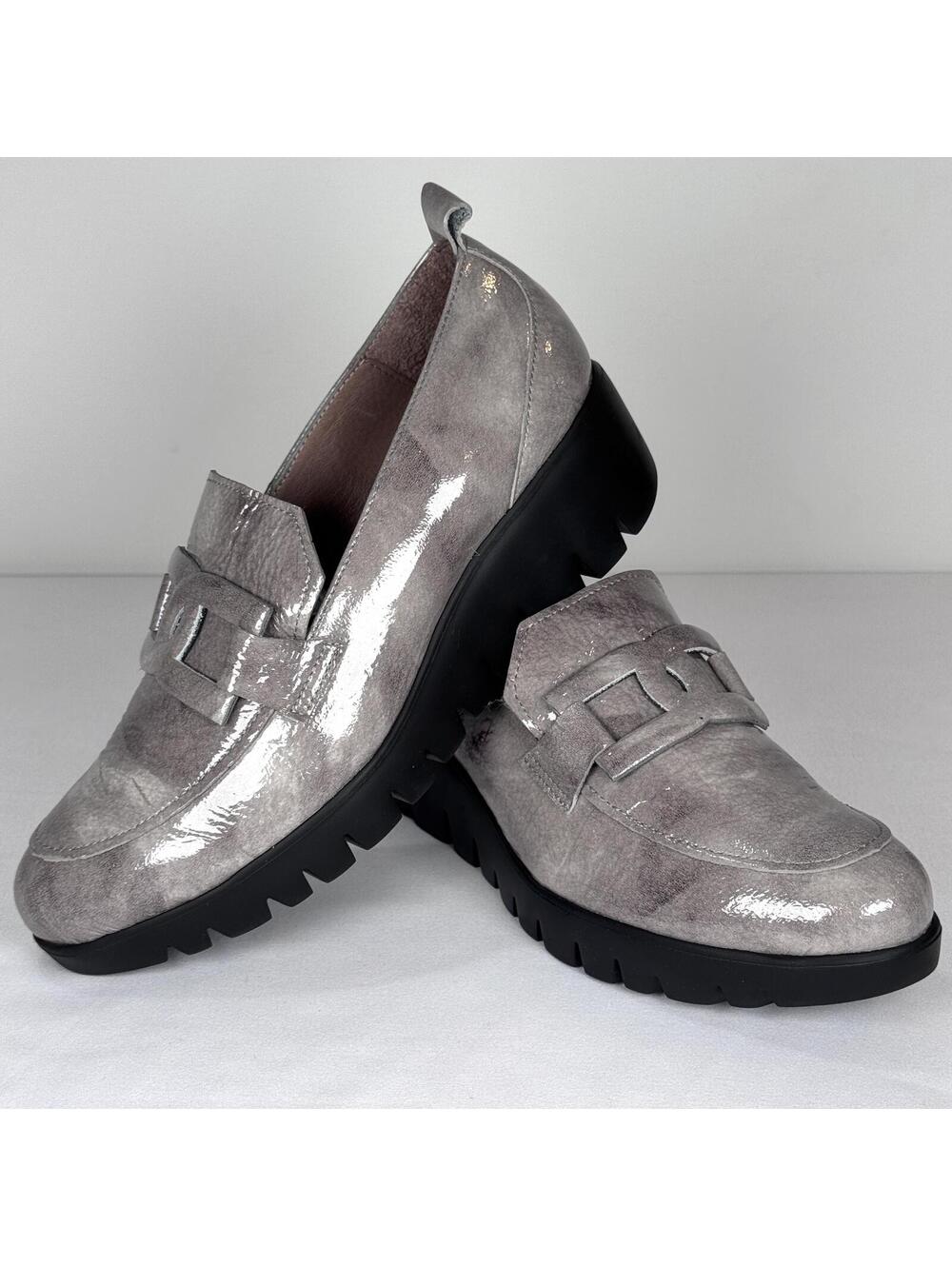 Wonders C-33303 "Iris Gris" Patent Leather Wedge Loafers - 7.5